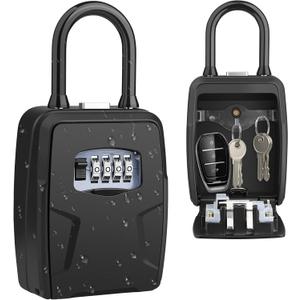Key Lock Box Outdoor with Code, Large Key Lockbox for Keys Outside Portable Lock box for Keys, 4 Digit Combination Key Safe Storage, Waterproof Keybox Wall Mounted for Outdoor Home Garage Office (Black)
