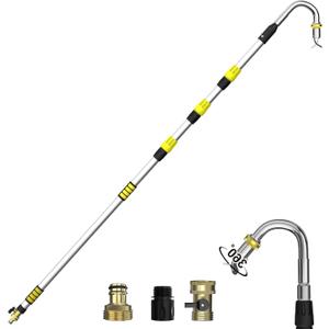 Buyplus 16FT(24FT Reach) Telescopic Gutter Cleaning Tools from The Ground, Rain Gutter Cleaners Tool with 360°Rotatable Metal Nozzle, Extension Pole, Hose Attachment, Watering Wand for Garden Hose
