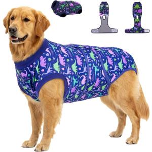 PetWarm Dog Recovery Suit, Onesies for Dogs, Dog Cone Alternative After Surgery Substitute E-Collar and Cone Prevent Licking Dog Onesies Pet Surgery Recovery Suit, Dinosaur Pattern, Blue Purple, 2XL