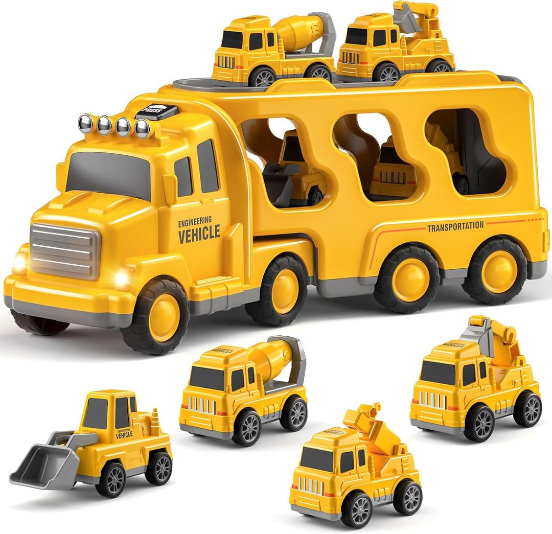 Bennol Construction Truck Toys for Toddler Boy 1 2 3 4 5 Year Old, Car Trucks Birthday Gifts Toys for Kids Ages 1-3 3-5, 5-in-1 Construction Trcuk with Excavator, Crane Mixer, Bulldozer