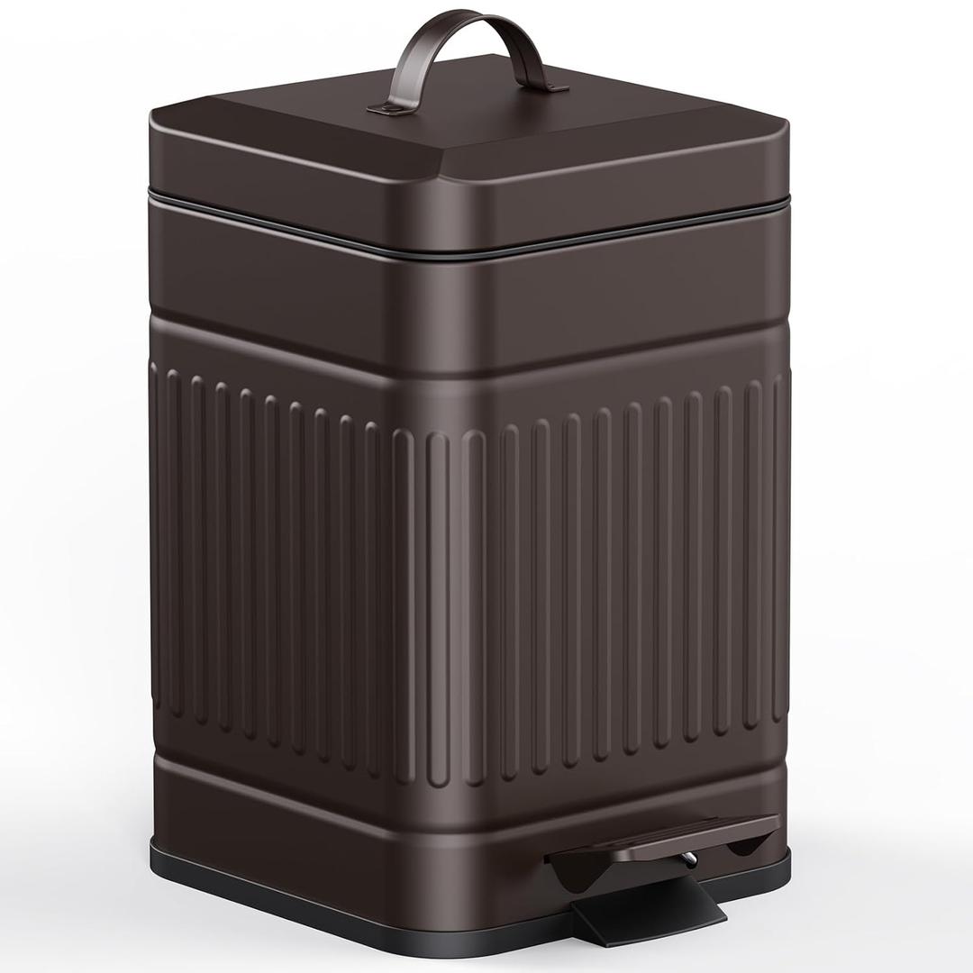 CEROELDA Small Trash Can with Lid-5L/1.3 Gal,Stainless Steel Outdoor Dog Poop Garbage Can-Farmhouse Retro Metal Waste Bin w/Step Pedal for Bathroom Bedroom Office-Soft Close-Brown