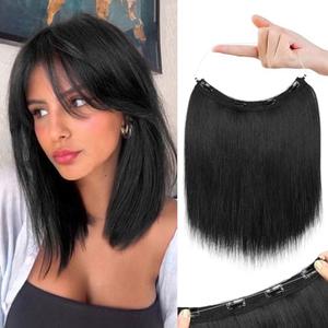 REECHO 12" Invisible Wire Hair Extensions with Thinner Softer Lace Weft Adjustable Size Removable Secure Clips in Short Straight Secret Hairpiece for Women - Black