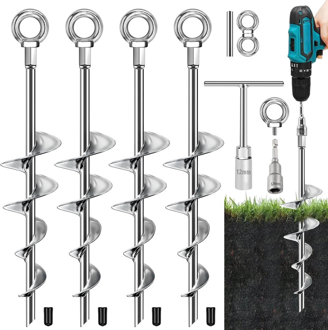 Ground Anchors Screw in, 18 Inch Ground Anchors Heavy Duty Metal Earth Auger Anchors Trampoline Stakes Kit High Wind for Swing Set Shed Rv Canopy Gazebo Mobile Home Tree Playground Dog, 4 Pack (Sliver)