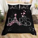 Feelyou Paris Comforter Cover Set King Size Eiffel Tower Bedding Set Kids Girls Black Pink Chic Paris Bedroom Decor Duvet Cover Boys Women Romantic Modern French Bed with 2 Pillow Case (No Comforter)