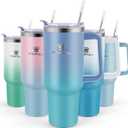 40 oz Tumbler with Handle and Straw Lid, 100% Leak-proof Travel Coffee Mug, Stainless Steel Insulated Cup for Hot and Cold Beverages, Keeps Cold for 34Hrs or Hot for 10Hrs, Dishwasher Safe (LakeBlue)