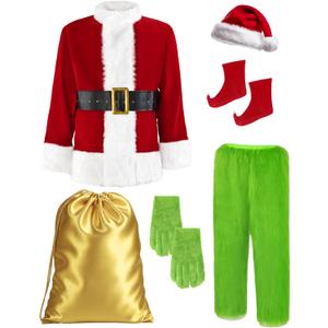 Christmas Green Furry Monster Santa Costume for Men 8 PCS Deluxe Adult Santa Suit Xmas Holiday Outfit Set Include Mask 2XL (XX-Large)