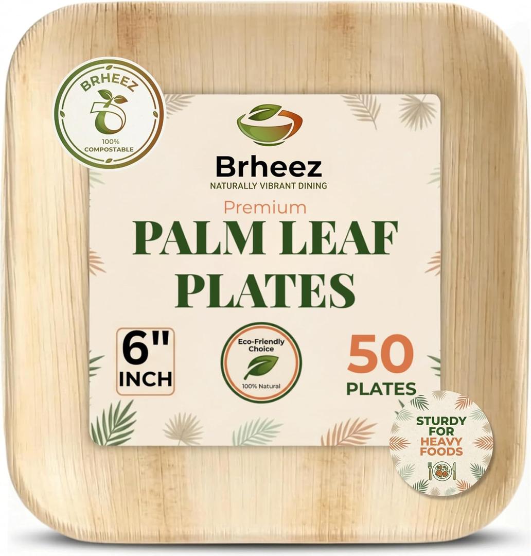 brheez Bamboo Plates Disposable Palm Leaf Plates | 6 inch bamboo appetizer plates | Eco Compostable Biodegradable Plates 50 peice