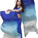 Nimiman Women 1 Pair (Left+Right) Silk Belly Dance Fans Veil Belly Dancing Long Folding Fans Length 180 cm Width 90 cm (Blue Turquoise White)