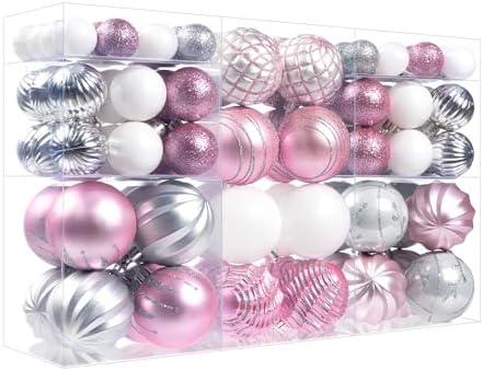 Pink Silver Christmas Ball Ornaments Set for Tree, Assorted Shatterproof Christmas Decorations, Hanging Decor for Xmas Tree Holiday/Party/Home (Pink & Silver & White)