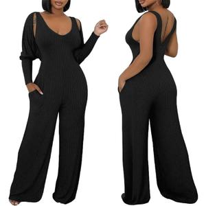 Women's Casual 2 Piece Outfits Ribbed Knitted Batwing Long Sleeve Cardigan Tank Wide Leg Jumpsuits Sets With Pocket (X-Large, Black)