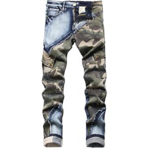 Mens Patchwork Camouflage Jeans Straight Patches Biker Denim Pants Relaxed Fit Vintage Pocketed Jean (36, Blue)