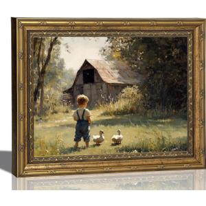 Tertiosh Gold Frame Vintage Country Canvas Wall Art Boy Duckling Barn Wall Decor Picture Rural Farm Painting Print Artwork for Retro Farmhouse Home Children's Room Decoration 9x11in (11L"x9W")
