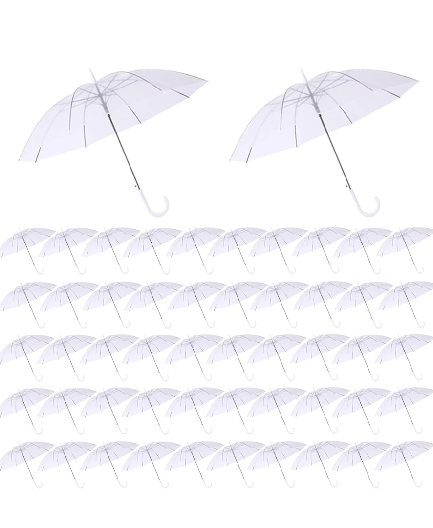 50 Pcs Wedding Clear Umbrella Bulk for Rain, Large Windproof Stick Umbrellas with J-Hook Handle for Wedding Bride Groom Photography, Prom, Graduation, Golf, Parties and Outdoor Events