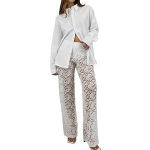 Women Sexy See Through Sheer Mesh Elastic Pencil Pants High Waist Leggings Sweatpants Tights (Large, Lace Floral-white)