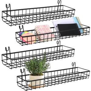 4 Pcs 15.75 x 3.94 x 1.97 Inch Metal Grid Wall Baskets with Hooks Grid Wall Shelves Hanging Wire Basket Multi Function Storage Organizer for Kitchen Organizing Display (Black)