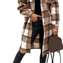 PUWEI Women's Long Flannel Plaid Jacket Shacket Cozy Lapel Button Down Shirt Jacket Fuzzy Trench Coat (Brown, M)