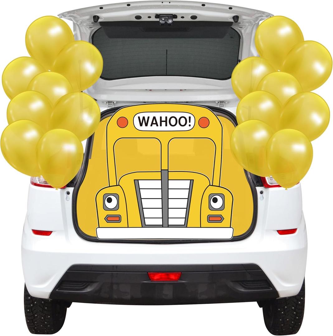School Bus Trunk or Treat Car Decorations Kits, Yellow Bus Tablecloths Backdrop with Balloons Indoor Outdoor Halloween Christmas Birthday Party Decoration for SUV Garages Houses Doors Archways