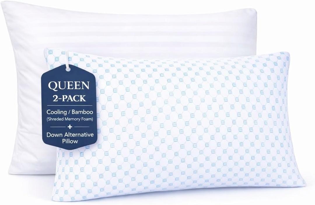 Nestl Cooling Memory Foam Pillow with Down Alternative Pillows Combo Set - Queen Size Set of 2, 1 Soft and 1 Firm, Adjustable for Side, Back, Stomach Sleepers, Breathable Washable Bed Cover, 20x30, Queen Duo