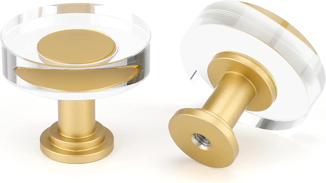 LONTAN 10 Pack Glass Cabinet Knobs Gold Drawer Knobs Round Crystal Cabinet Handles Clear White Hardware for Dresser Bathroom, Aluminum Alloy Base (Single Hole, Brushed Brass&Clear)