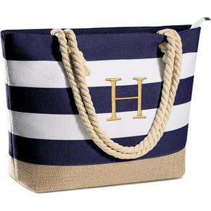 YOOLIFE Initial Canvas Waterproof Beach Tote Bag Zipper Personalized Gifts for Women Her Birthday Travel Beach Essential (Dark Blue)