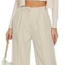 Women Office Wide High Waist Pants Loose Fit Elastic Waist Pleated Front Trousers for Work Casual (XS)