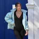 OQQ Women Jumpsuits Long Sleeve Deep V Neck Ruched Flared Jumpsuit (Small, Black)