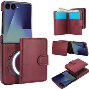 For Samsung Galaxy Z Flip 7 Case with 2 in 1 Detachable Magnetic Wallet, 4 Card Slots and Cash Slot,Compatible with MagSafe Wireless Charging, RFlD Blocking - Red