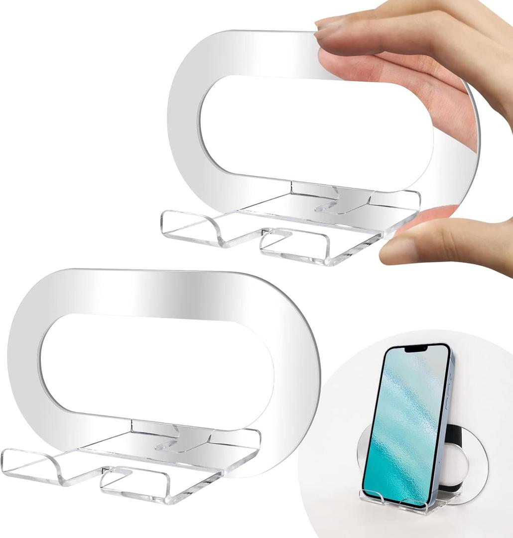 Daily Treasures 2Pcs Mirror Wall Phone Holder, Adhesive Wall Mount Cell Phone Stand Acrylic Phone Wall Mount for Bathroom Kitchen Shower Dorm Mirrors Glass, Compatible with iPhone iPad Cell Phone