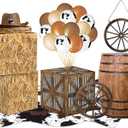 Western Cowboy Party Decor Hay Bales Boxes Cowhide Rug Wine Barrel Wooden Wagon Wheel Cowboy Balloons for Birthday Wild West Party Supplies Farm Decoration