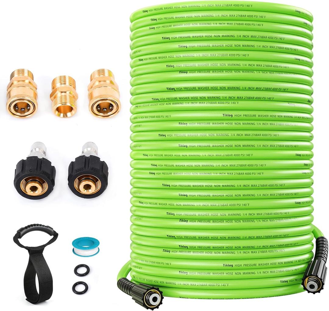 Pressure Washer Hose 100FT 1/4, 4000 PSI Kink Resistant High Pressure Hose M22 14mm Thread, Flexible Extension Replacement Hose with 3/8 Quick Connect Adapters for Power Washing (Green Kit)