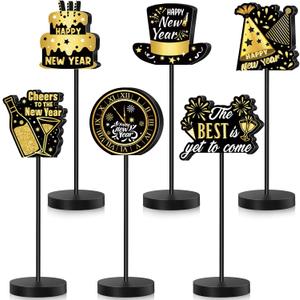 6 Pcs New Years Centerpieces for Tables Happy New Years Table Decoration Party Standing Tabletop Decor for Celebration Black and Gold Wooden Sign Single-sided Printed for 2026 Eve Party