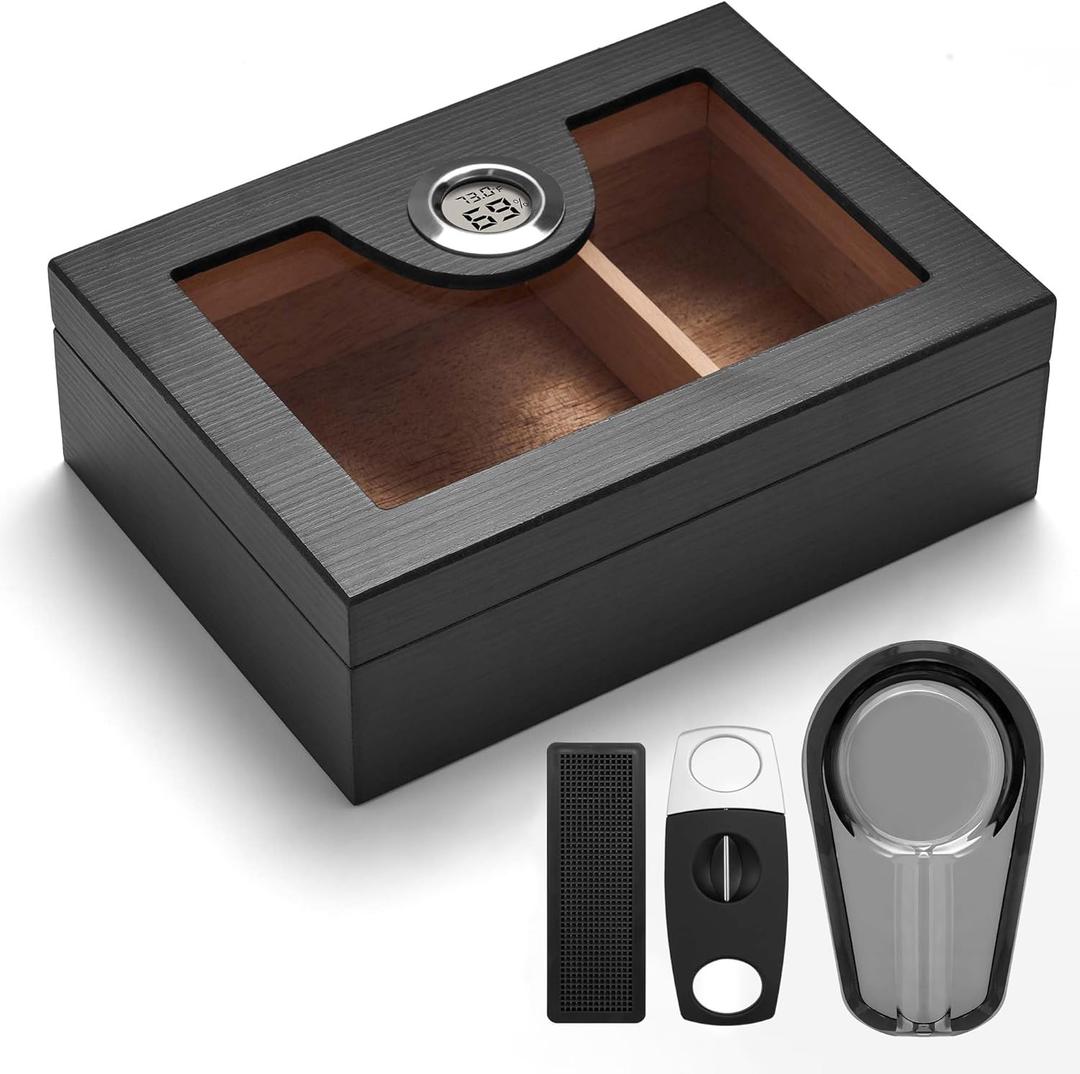 Cigar Humidor for 20-35 Counts with Accessories, Digital Hygrometer, Spanish Cedar Lined & Divider, Humidifier, Cigar Cutter and Ashtray, Desktop Box Gift for Men