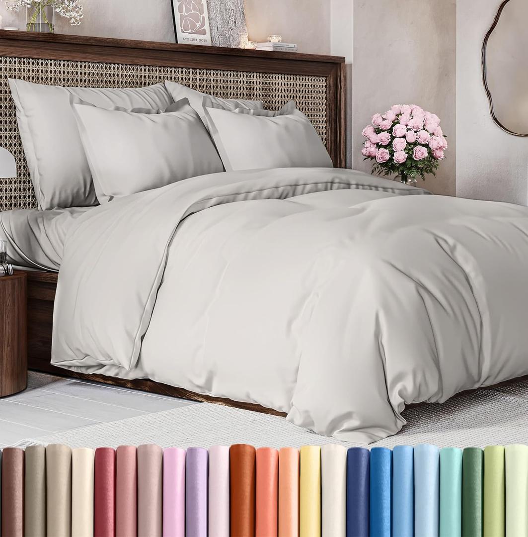 Duvet Cover Cal King Size Set - Extra Soft Cal King Size Duvet Cover 104 x 98 with 2 Pillow Shams - Hotel Luxury and Fade Free w/Zipper Closures & Ties - Comfy Breathable Bedding Set (French Grey)