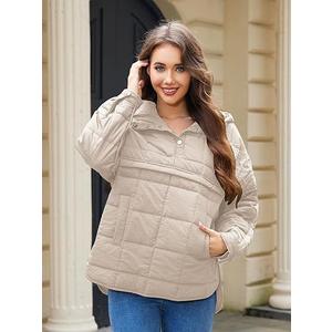 Womens's Lightweight Down Coat Long Sleeve Button Quilted Pullover Puffer Jacket Packable Hooded Winter Coat, Beige