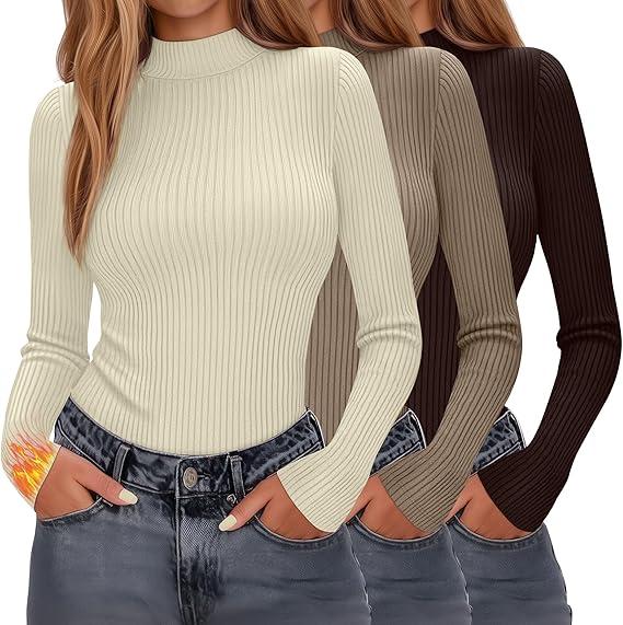 Evervibe 3 Pack Women's Mock Neck Thermal Tops Long Sleeve Cotton Ribbed Knit Turtleneck Shirts Slim Fitted Casual Base Layer, Size: Medium