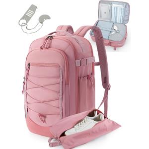 BAGSMART Carry On Backpack, 17.3 Inch Large Travel backpack Carry On Flight Approved, Personal Item Backpack Travel Bag With Shoe Bag, 27L Water Resistant Casual Daypack, Pink