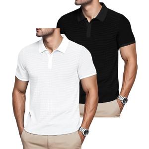Mens Polo Shirts 2 Pack Breathable Short Sleeve Golf Shirt Casual Button Down Shirt Lightweight Collared Waffle Shirts (Large, Black+white)