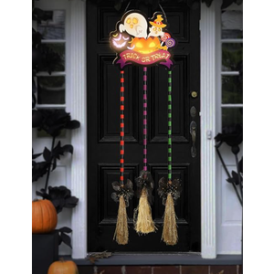 Halloween Witch Broom Decorations, Light-Up Halloween Porch Decor Outdoor, Wooden Witch Broom Sign, Indoor Halloween Wall Decor, Yard Door Decorations for Trick or Treat Sign (Exclude Battery)