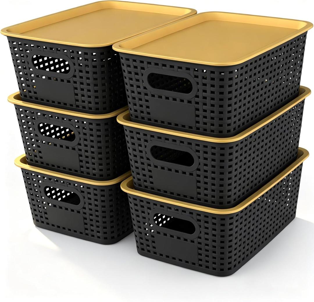AREYZIN Plastic Storage Bins with Lid, Stackable Storage Bins and Storage Baskets for Shelves, Small Baskets for Organizing, Small Storage Bins, 10.2x7.2x4.1 Inch, 6-Pack, Black