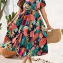 Floerns Women's Plus Size Boho Hawaiian Tropical Dresses V Neck Short Sleeve Floral A Line Long Dress Vacation Beach Outfits (XXXL)