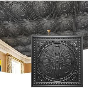 STICKGOO Drop Ceiling Tiles 24"x24", PVC Panels Plastic Ceiling Tiles Waterproof Reusable, Covers 48 Sq.Ft., Baroque Decorative Tiles for Home & Commercial Use (Pack of 12, Black)