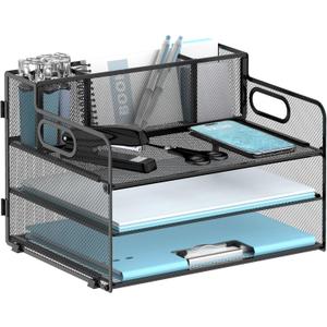 3 Tier Desk File Organizer with Pen Holder, Mesh Paper Tray File Organizer for Desk, Fold Holder with Handle for Office, Classroom, Home, Workspace(Black)