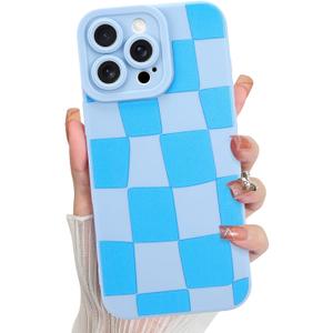 KANGHAR Compatible with iPhone 16 Pro Case, Silicone Checkered Cute Pattern, Camera Protection Soft Slim Phone Case for Phone Case -Blue