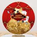 Renaiss 7.2x7.2ft Las Vegas Happy Birthday Round Backdrop Cover Casino Night Golden Glittering Bokeh Circle Photography Background Poker Dice Red Curtains Birthday Party Decors Arch Photo Booth Props