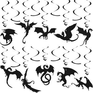 Sumind 30 Pcs Dragon Party Decoration Swirl Foil Hanging Ceiling Decoration for Dragon Themed Birthday Medieval Themed Party, 10 Designs(Black)