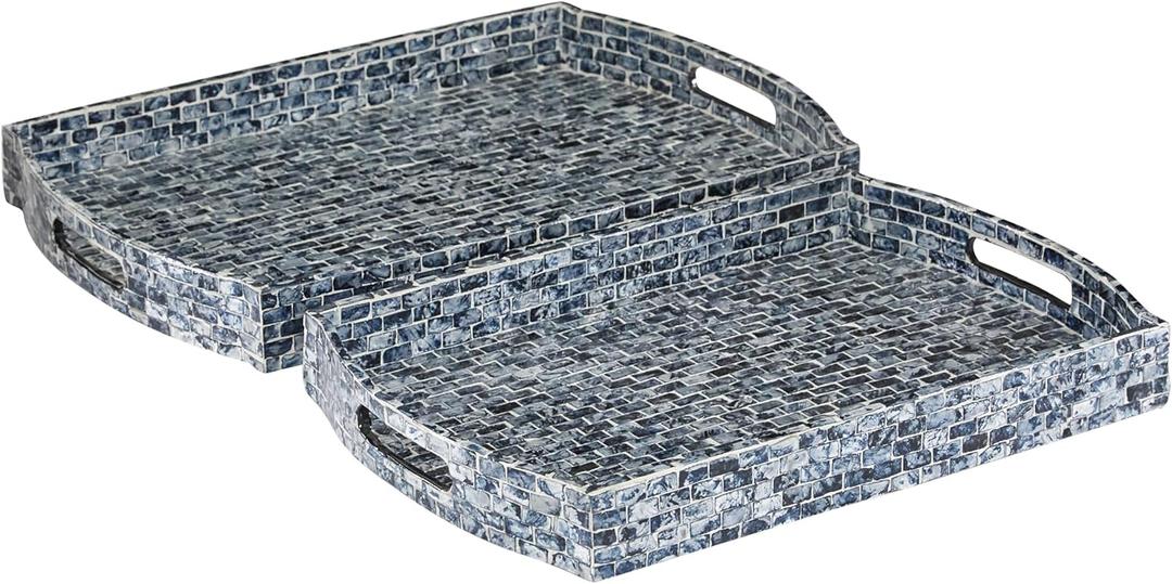 Deco 79 Wood Tray with Slot Handles, Set of 2 20', 18'W, Blue (19.8" x 14" x 2.2")