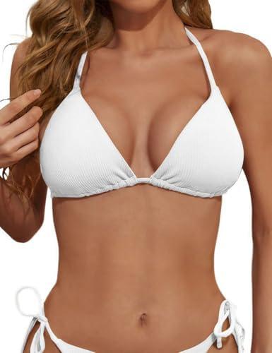 Zuvebamyo Women's Triangle Bikini Top Ribbed Push up Padded Halter String Bathing Suits Top size M
