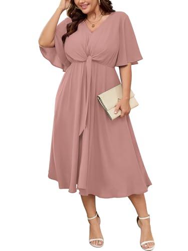 SCOMCHIC Women Plus Size Midi Dresses Wedding Guest Short Sleeve V Neck Tie Waist Casual Summer Flowy A Line Dress Dusty Pink, XL