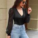 Fayenne Womens Tops Deep V Neck Cross Wrap Sexy Tops Polka Dot Mesh Long Sleeve T Shirt Casual Blouses (Black, XXXL)