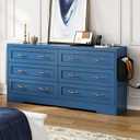 DWVO Farmhouse 6 Drawer Dresser for Bedroom, 59" Wide Modern Dresser TV Stand with Large Drawers & Bar Handles, Storage Dressers with Power Outlets, Rustic Wood Chest of Drawers, Blue